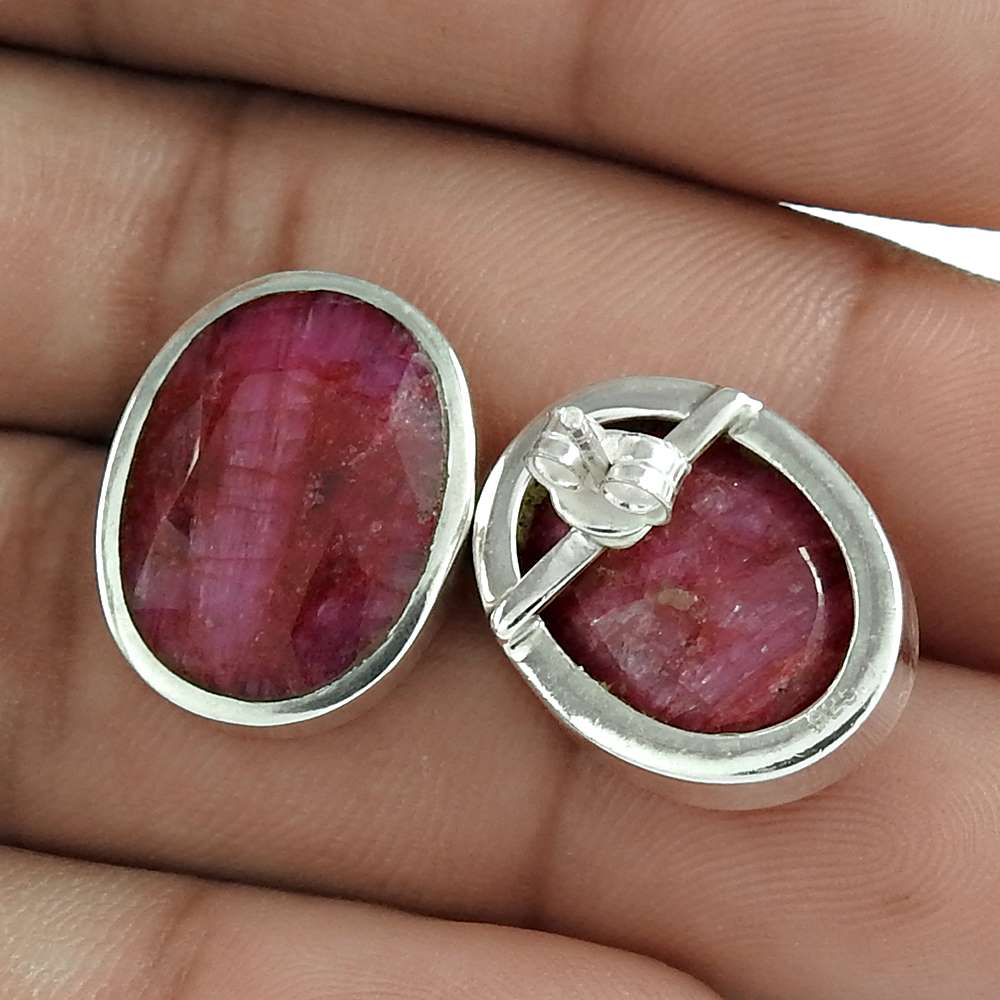 Natural Ruby Gemstone 925 Sterling Silver Stud Ethnic Earrings For Girls Z7