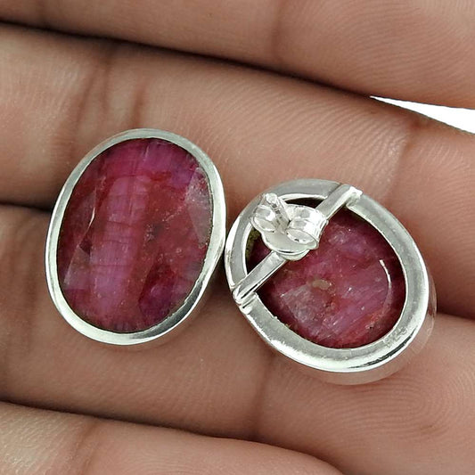 Natural Ruby Gemstone 925 Sterling Silver Stud Ethnic Earrings For Girls Z7