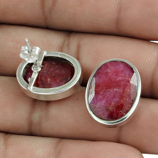 Natural Ruby Gemstone 925 Sterling Silver Stud Boho Earrings For Women C7