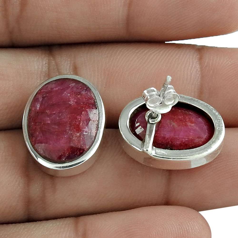 Natural Ruby Gemstone 925 Sterling Silver Stud Vintage Earrings For Women R7