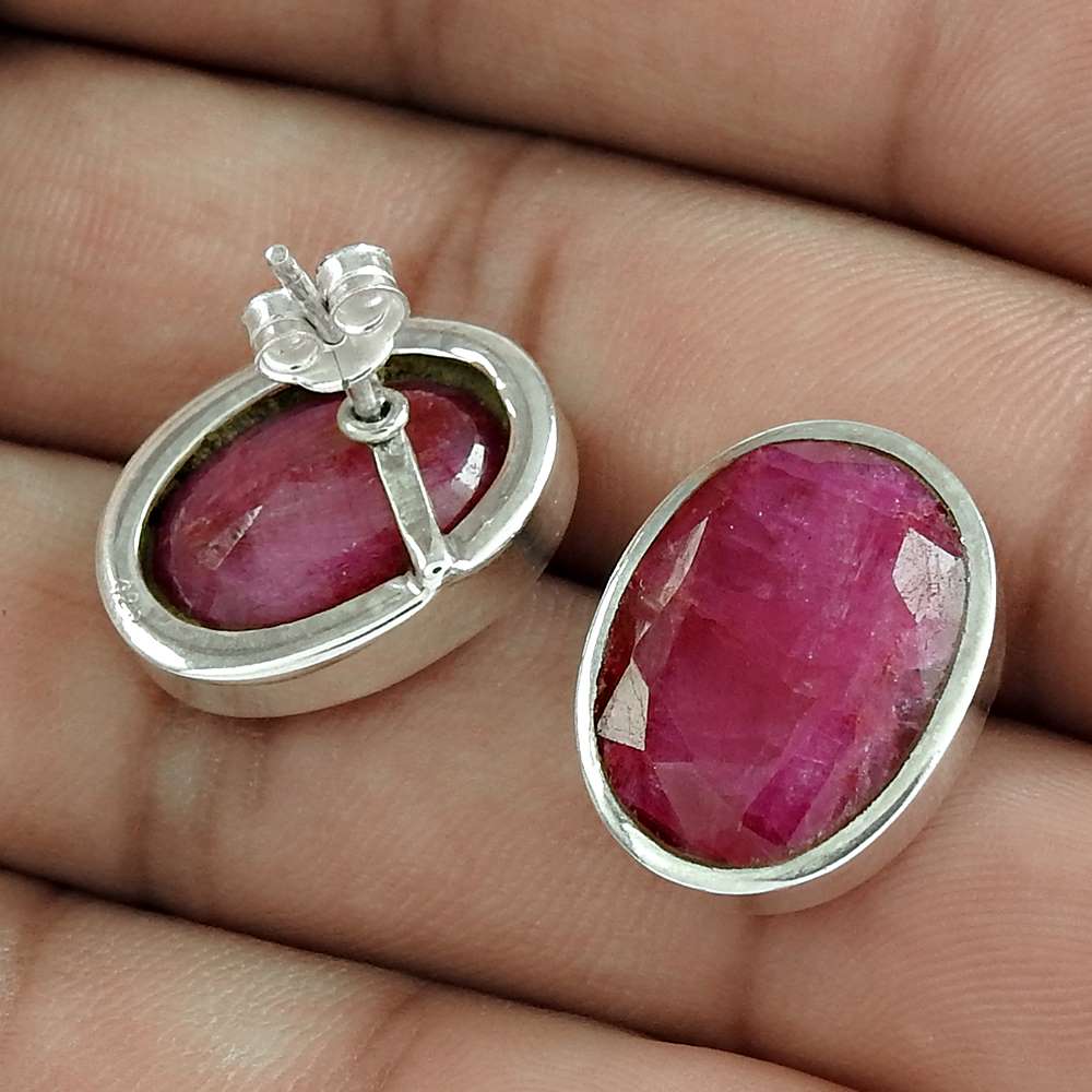 Birthday Gift For Her Natural Ruby Gemstone Stud Vintage Earrings 925 Silver C9