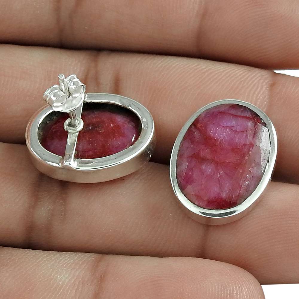 Anniversary Gift For Her Natural Ruby Stud Ethnic Earrings 925 Silver D9
