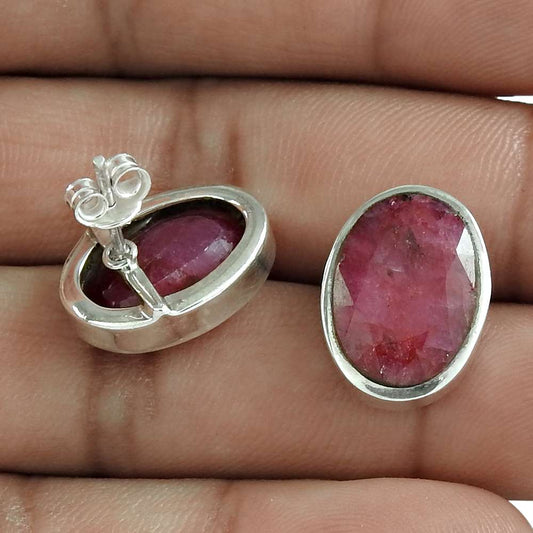 Gift For Her 925 Sterling Silver Natural Ruby Gemstone Stud Boho Earrings I19
