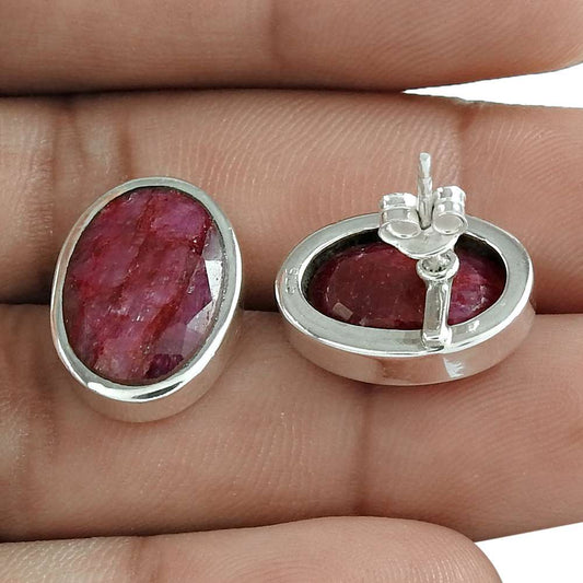 Natural Ruby Gemstone Stud Bohemian Pink Earrings 925 Sterling Silver J19