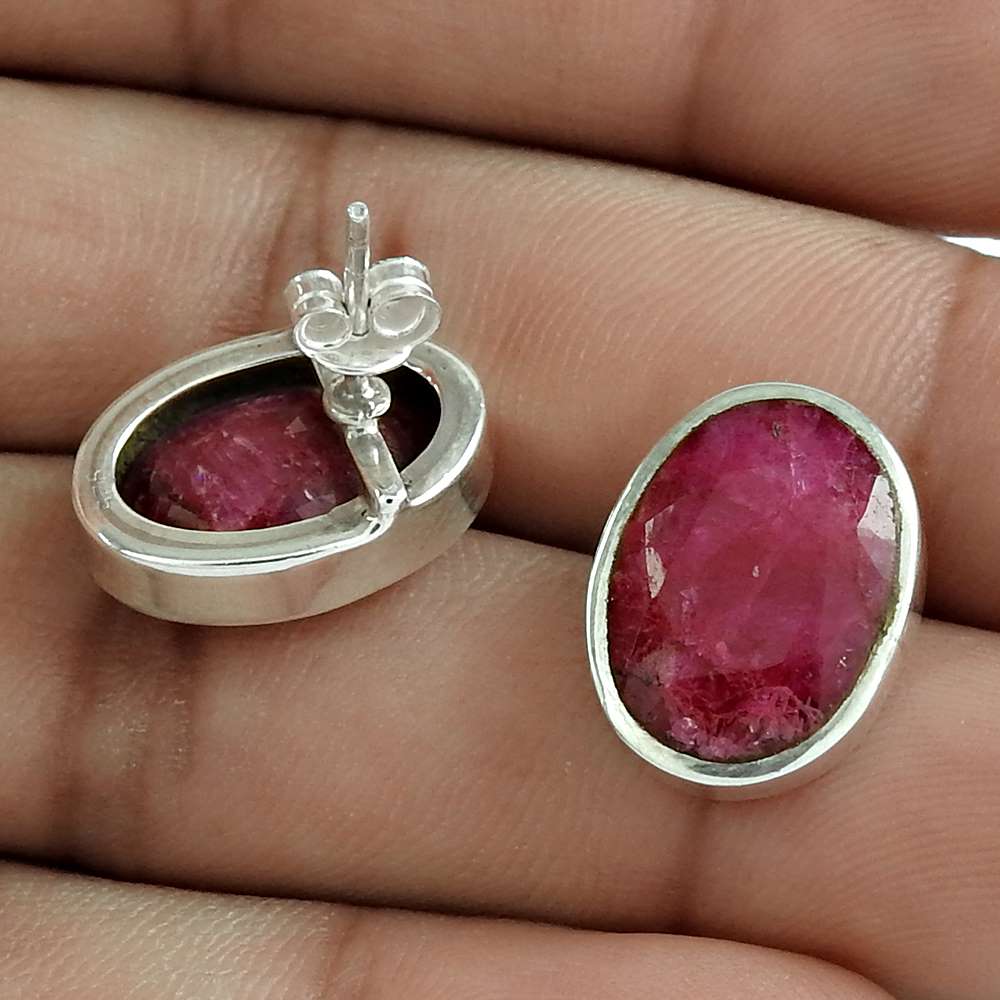 Natural Ruby Gemstone Stud Boho Earrings 925 Sterling Silver For Girls K17