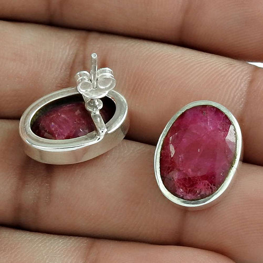 Natural Ruby Gemstone Stud Boho Earrings 925 Sterling Silver For Girls K17