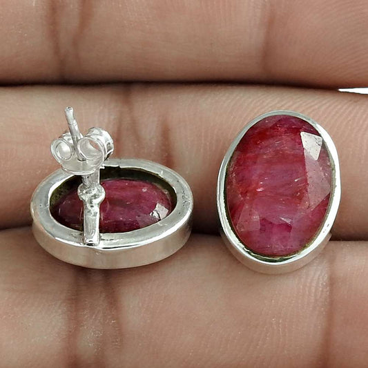 Natural Ruby Gemstone Stud Tribal Earrings 925 Sterling Silver Indian Jewelry N2