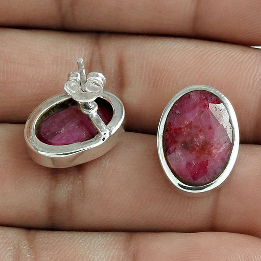 Anniversary Gift For Her Natural Ruby Stud Ethnic Earrings 925 Silver E19
