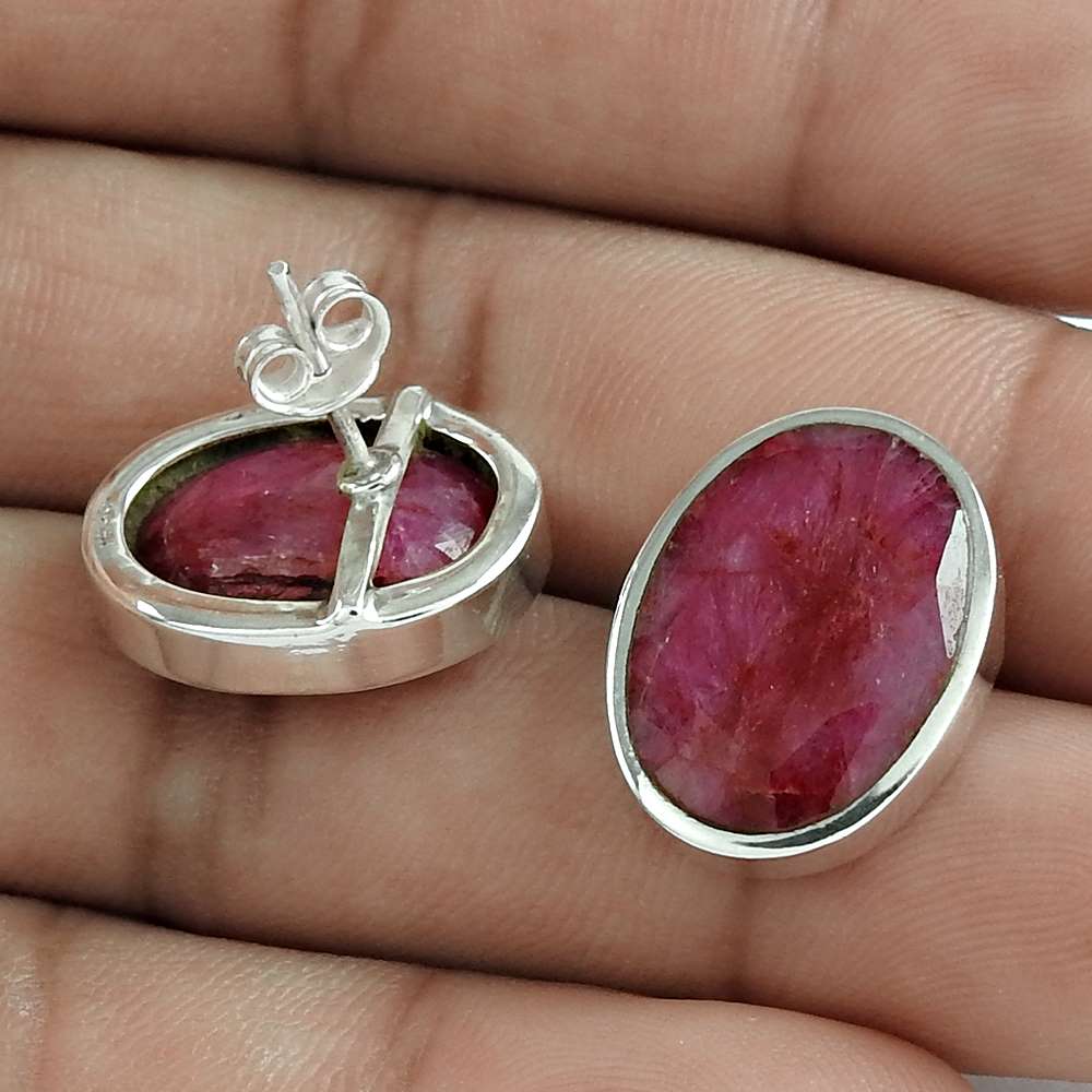 Natural Ruby Gemstone 925 Sterling Silver Stud Tribal Earrings For Women V6