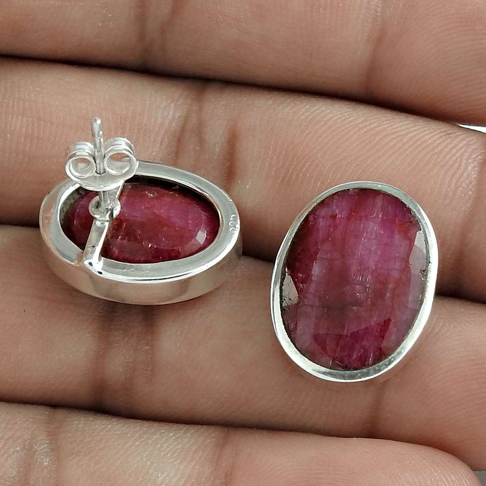 Gift For Women Stud Tribal Earrings 925 Sterling Silver Natural Ruby Gemstone B8