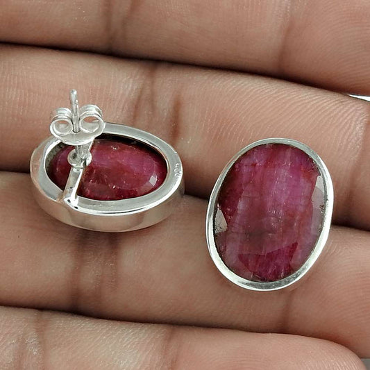 Gift For Women Stud Tribal Earrings 925 Sterling Silver Natural Ruby Gemstone B8