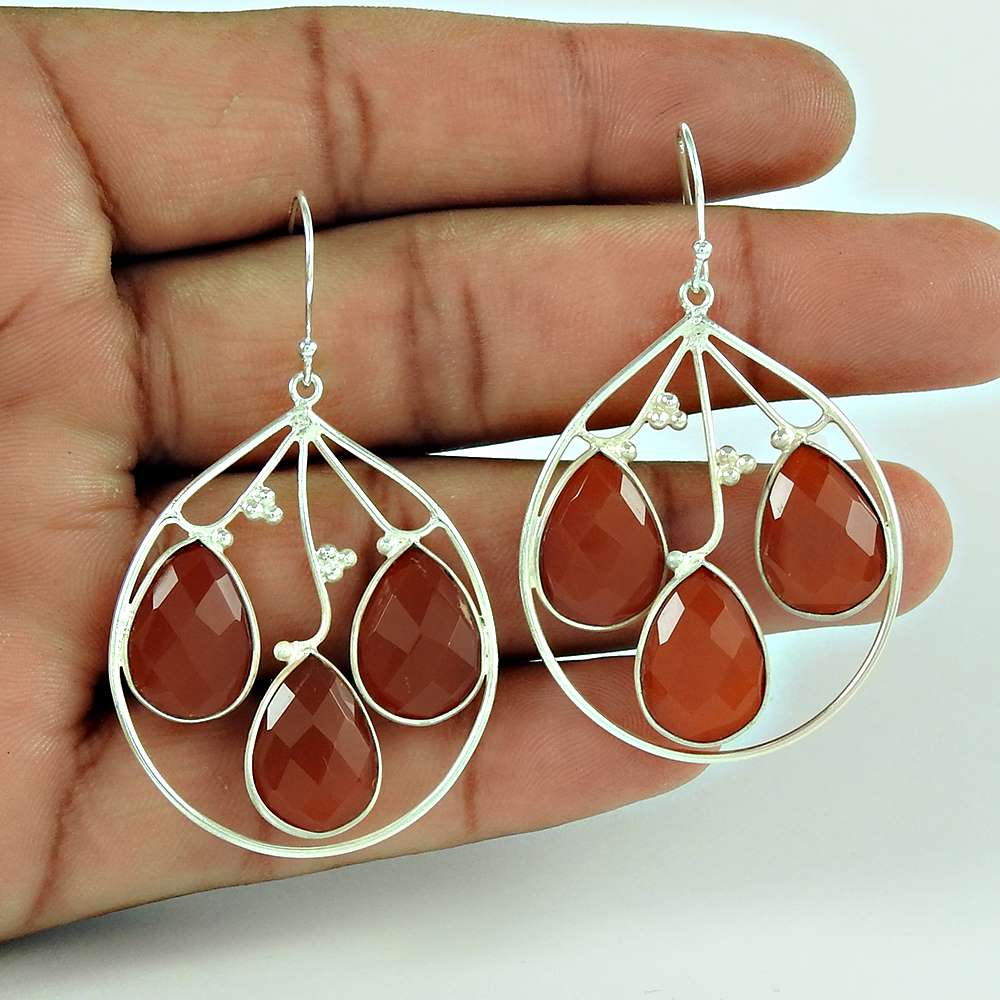 Natural Carnelian Gemstone Dangle Ethnic Red Earrings 925 Silver G2