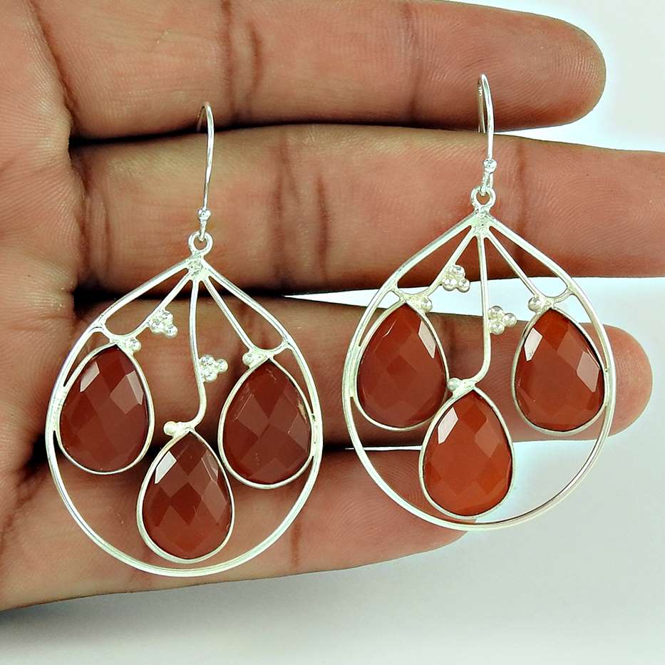 Gift For Her 925 Silver Natural Carnelian Dangle Tribal Earrings U86