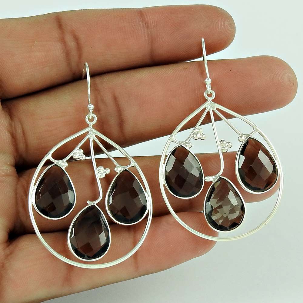 Gift For Her 925 Silver Natural Smoky Quartz Dangle Vintage Earrings V86