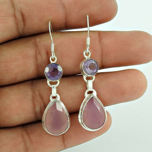 Gift For Her Natural Rose Quartz Dangle Bohemian Earrings 925 Silver E9
