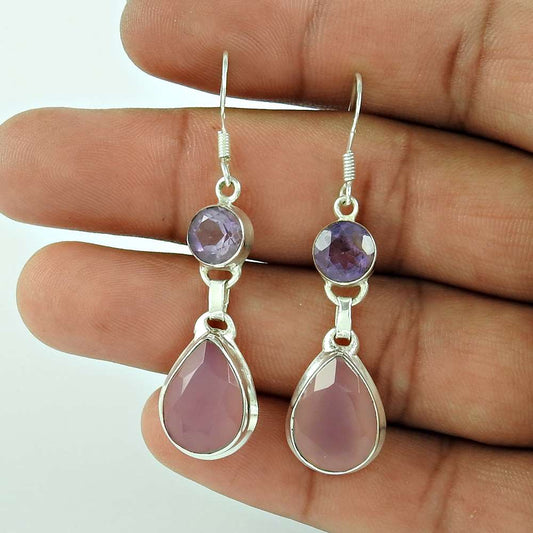 Woman Gift Natural Rose Quartz Dangle Bohemian Earrings 925 Silver B12