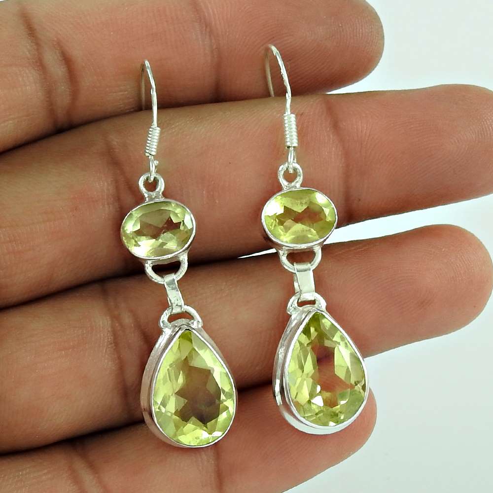 Gift For Her Natural Lemon Topaz Dangle Tribal Earrings 925 Silver C87