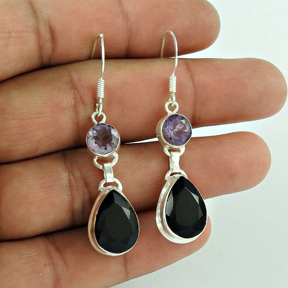 925 Sterling Silver Antique Jewellery Traditional Black OnyxAmethyst Gemstone Earrings De gros