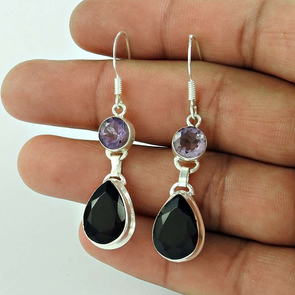 Sterling Silver Indian Jewellery High Polish Black OnyxAmethyst Gemstone Earrings Wholesale Price