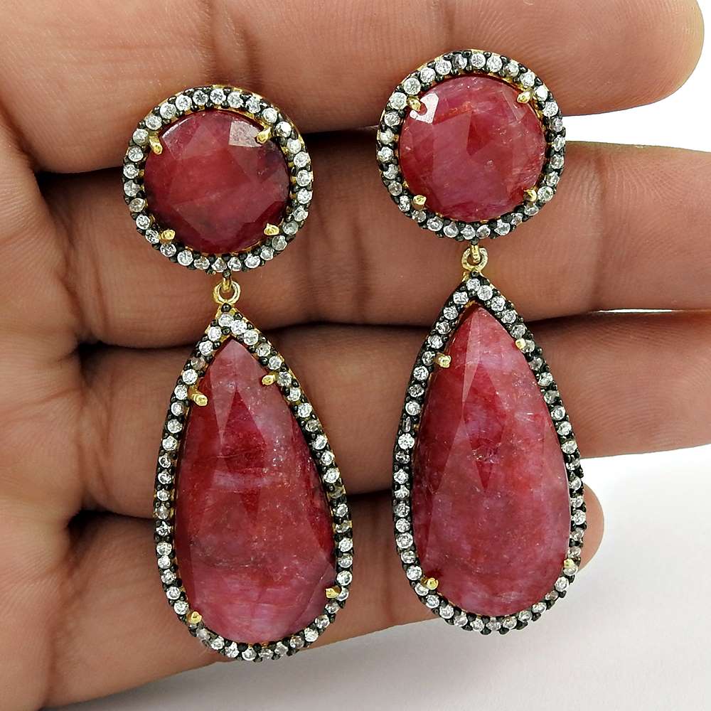 Natural Ruby Gemstone Dangle Bohemian Earrings 925 Silver For Women E35