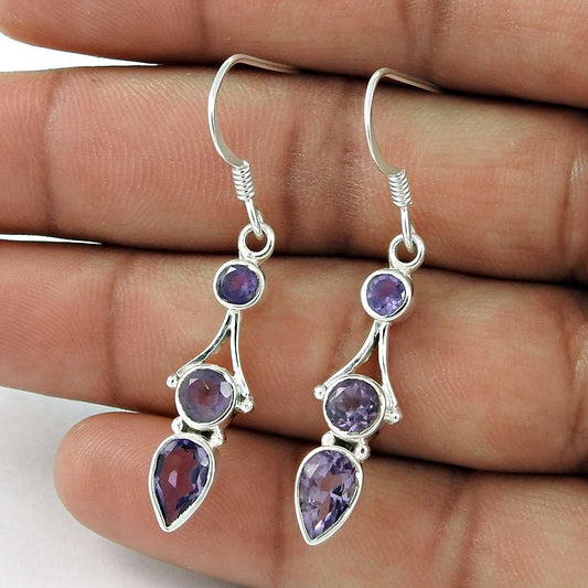 Natural Amethyst Gemstone Dangle Ethnic Earrings 925 Sterling Silver G87