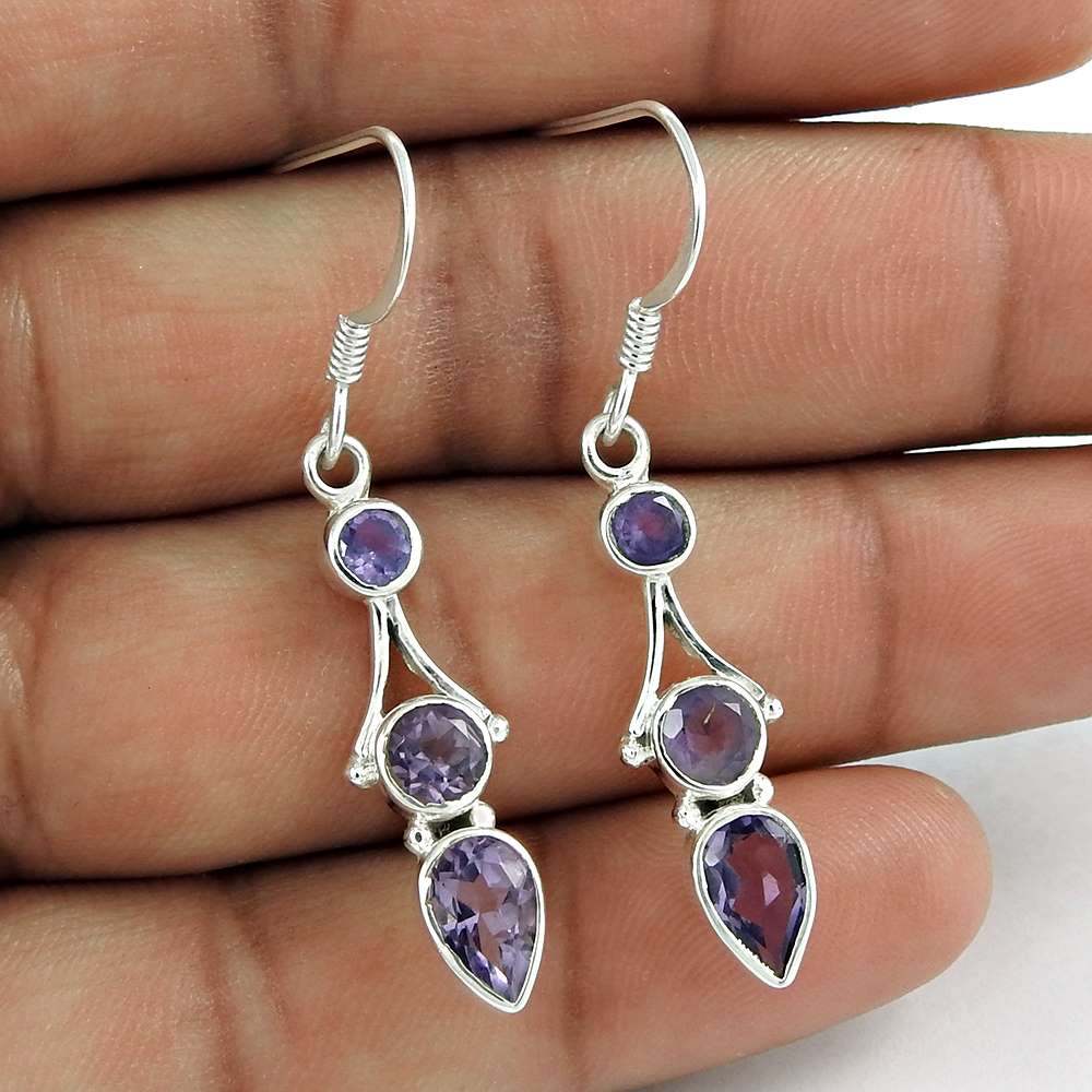 Wedding Gift For Her 925 Silver Natural Amethyst Dangle Tribal Earrings H87