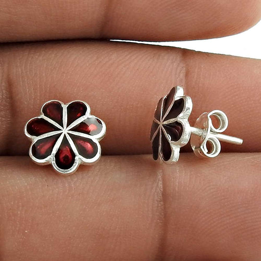 Red Enamel Flower Stud Earrings 925 Solid Sterling Silver HANDMADE Jewelry B4