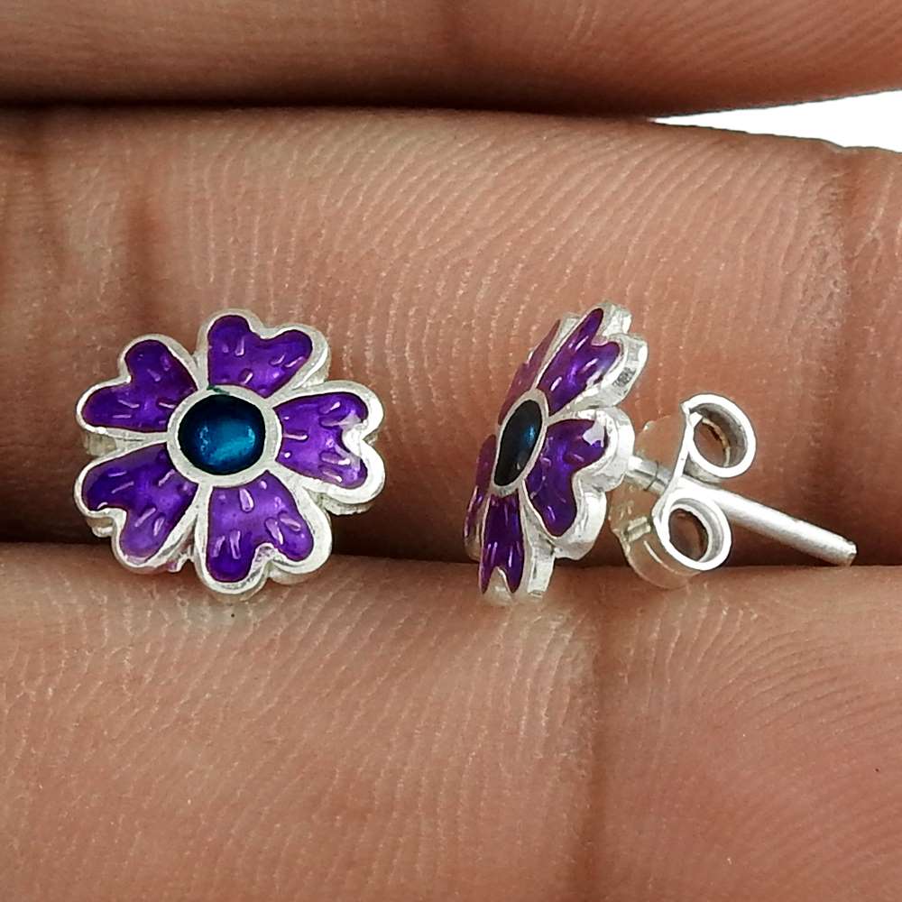 HANDMADE 925 Solid Sterling Silver Jewelry Enamel Stud Earrings M49