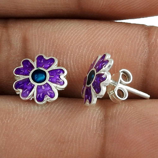 HANDMADE 925 Solid Sterling Silver Jewelry Enamel Stud Earrings M49