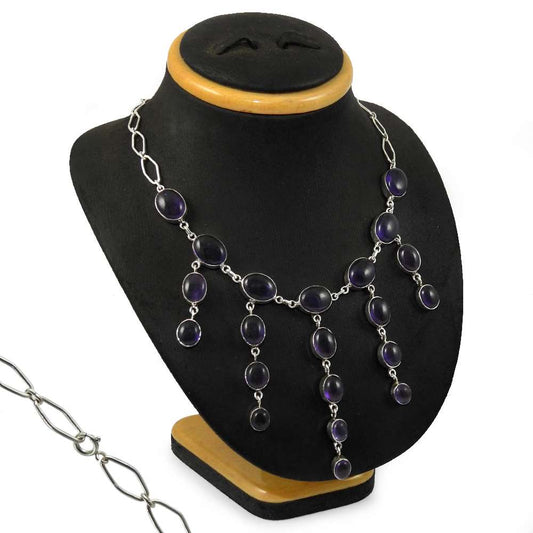 Natural Amethyst Gemstone 925 Silver Cluster Tribal Necklace For Girls D1