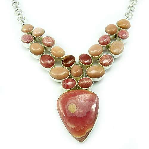 Woman Gift Natural Rhodochrosite Gemstone Cluster Necklace 925 Silver B1