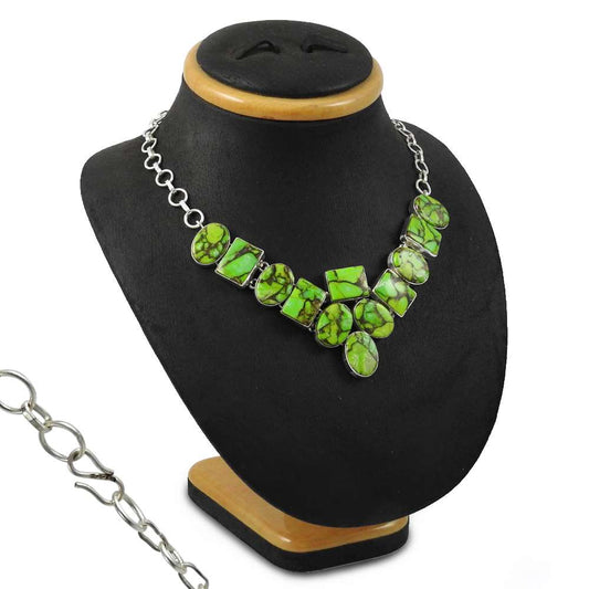 Woman Gift Natural Green Copper Turquoise Cluster Necklace 925 Silver Q1