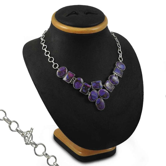 Woman Gift Natural Purple Copper Turquoise Cluster Necklace 925 Silver S1