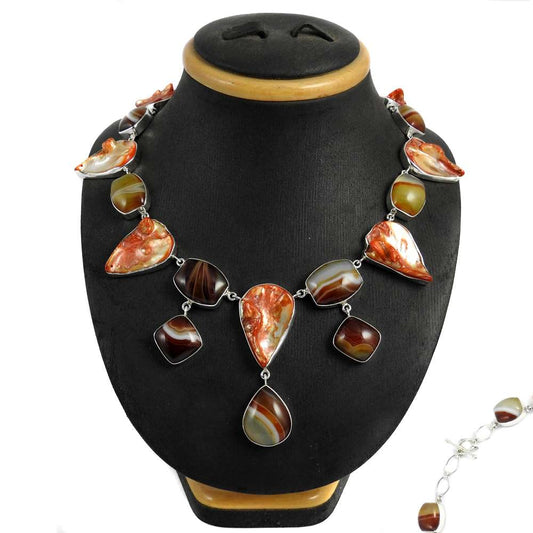 Woman Gift Natural Striped Onyx Gemstone Cluster Necklace 925 Silver F1