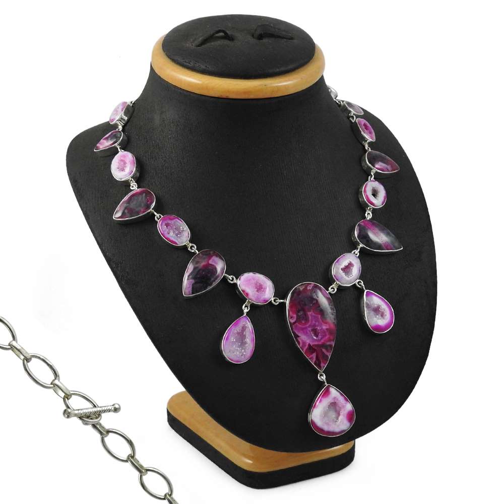 Woman Gift Natural Druzy Gemstone Cluster Necklace 925 Sterling Silver G1