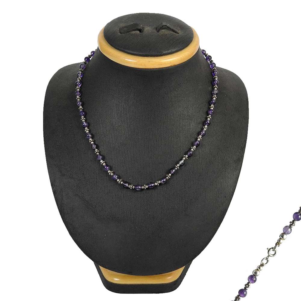 Woman Gift Natural Amethyst Gemstone Beaded Necklace 925 Silver C1