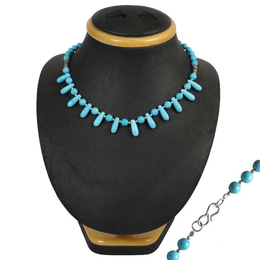 Natural Turquoise Gemstone Beaded Necklace 925 Sterling Silver For Women O2