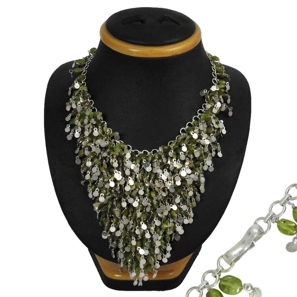 Natural Peridot Gemstone Cluster Beaded Necklace 925 Sterling Silver Jewelry R1