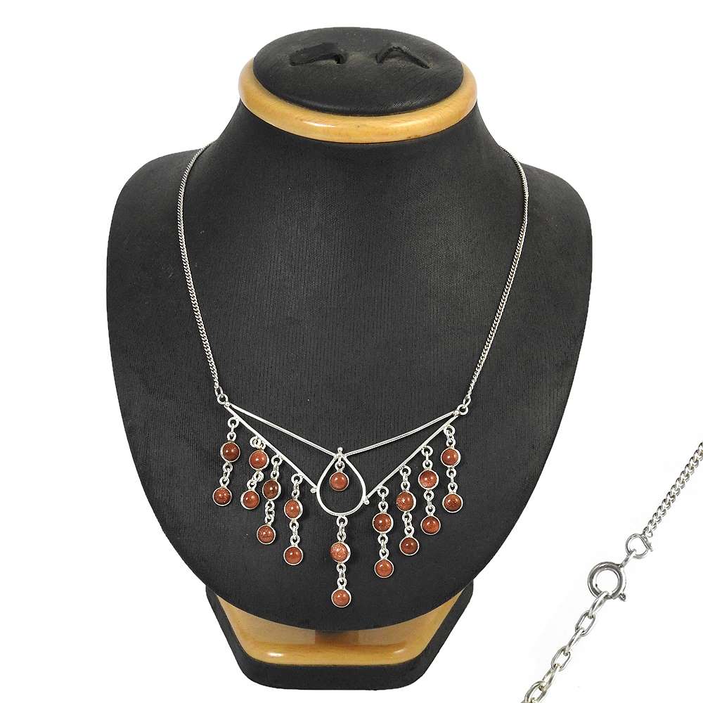 Natural Sunstone Gemstone 925 Sterling Silver Beaded Necklace For Girls L10