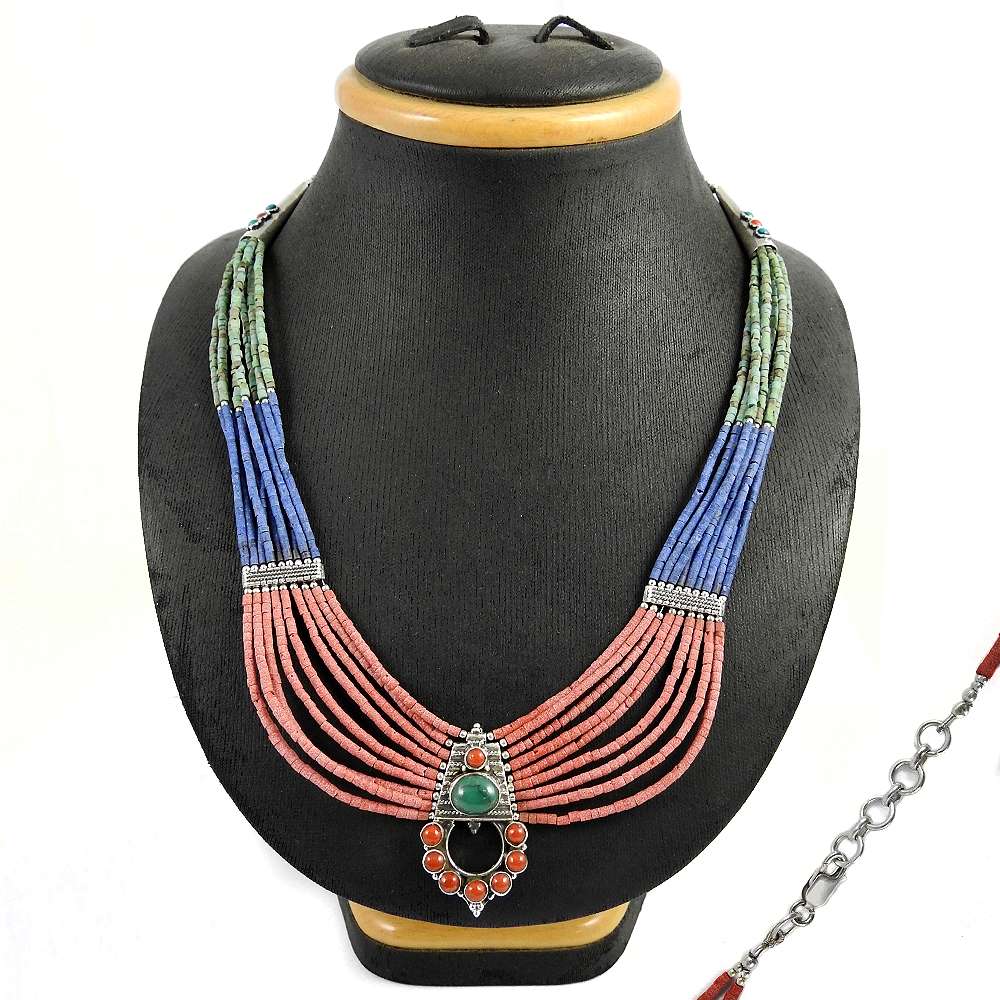 Natural Gemstone Beaded Turquoise Necklace 925 Sterling Silver Indian Jewelry Z2