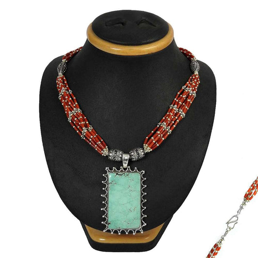 Woman Gift Natural Turquoise Cluster Boho Necklace 925 Sterling Silver X1