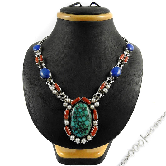 Christmas Gift 925 Silver Natural Turquoise Gemstone Cluster Boho Necklace N1