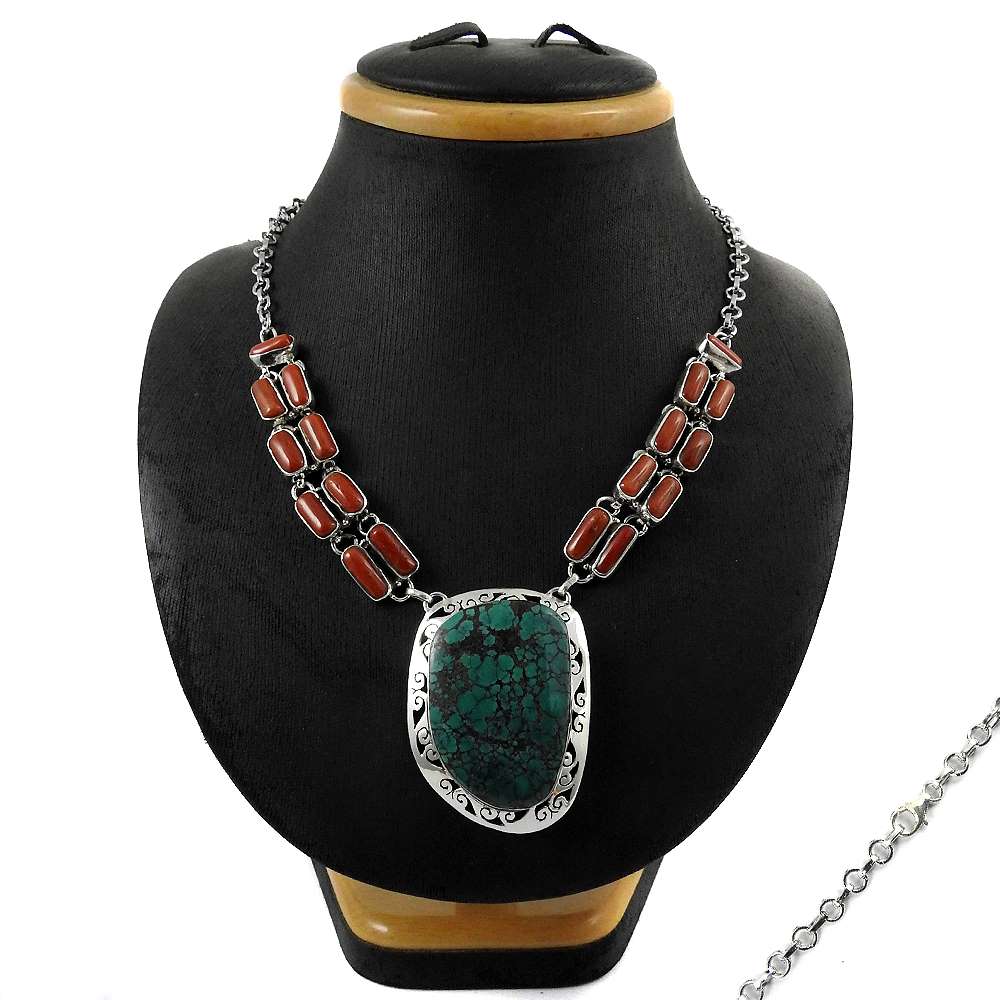 Natural Gemstone Cluster Boho Turquoise Necklace 925 Sterling Silver Jewelry C2