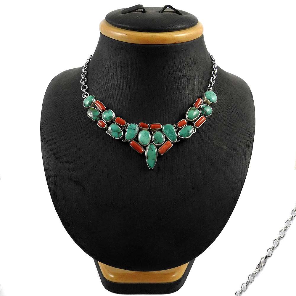 Woman Gift Natural Turquoise Cluster Boho Necklace 925 Silver W3