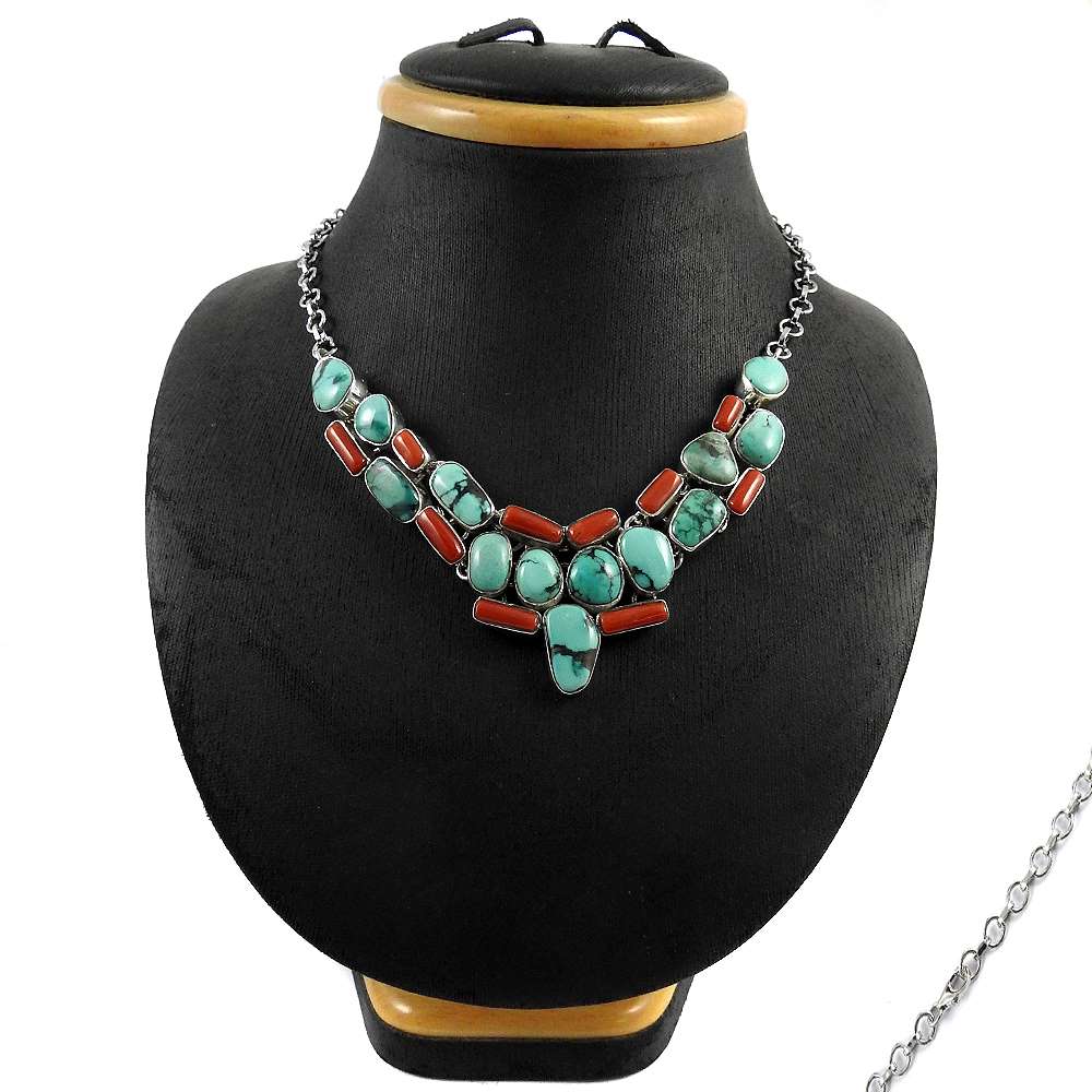 Woman Gift Natural Coral Cluster Bohemian Necklace 925 Sterling Silver D2