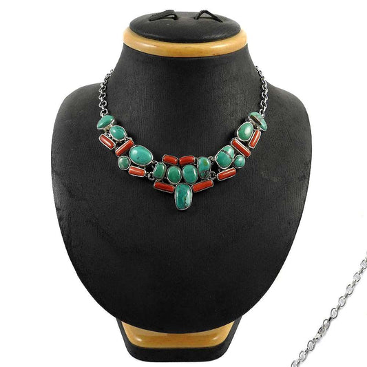 Natural Turquoise Gemstone Cluster Necklace 925 Sterling Silver For Women Z3