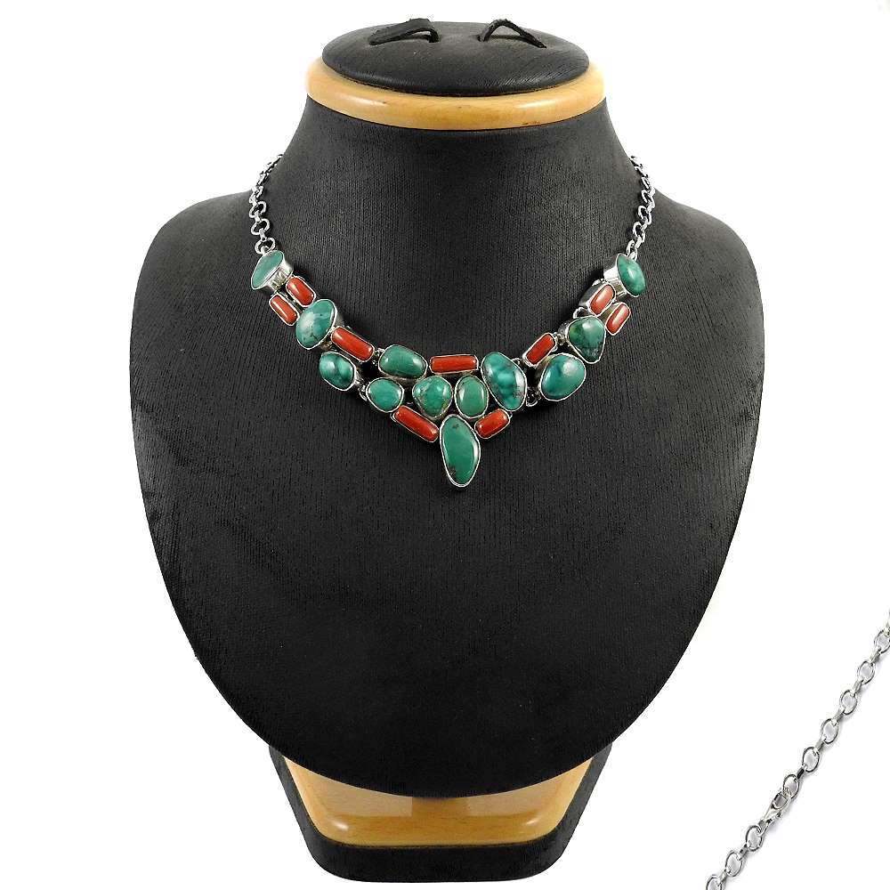 Natural Coral Gemstone Cluster Necklace 925 Sterling Silver Jewelry For Women B4