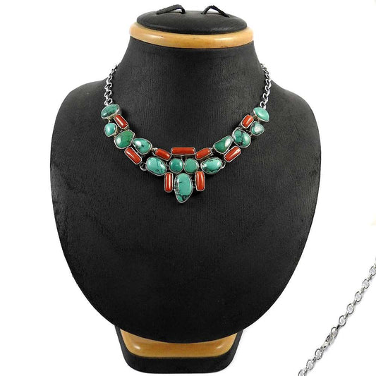 Natural Coral Gemstone Cluster Necklace 925 Sterling Silver Jewelry For Women C4
