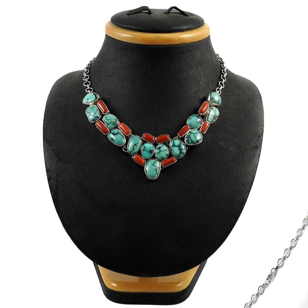 Natural Turquoise Gemstone 925 Sterling Silver Cluster Necklace For Women D4