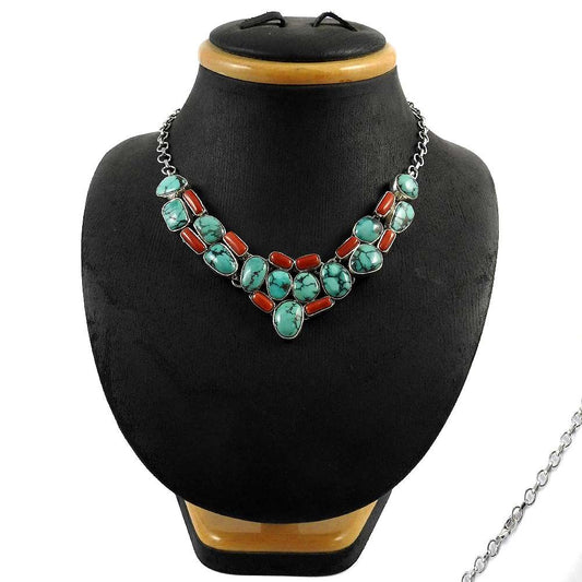 Natural Turquoise Gemstone 925 Sterling Silver Cluster Necklace For Women D4